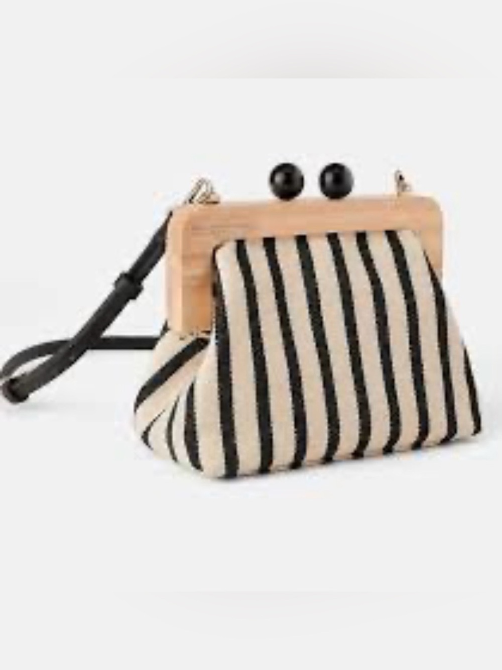 Zara Canvas Crossbody Bag, Wooden Kiss-Lock, Striped Cream & Black NWT Retail$69 - Picture 2 of 11